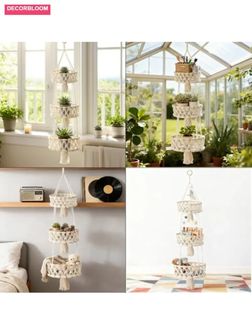 3 Tier Hanging Fruit Basket, Macrame Woven Cotton Rope Storage, Boho Plant